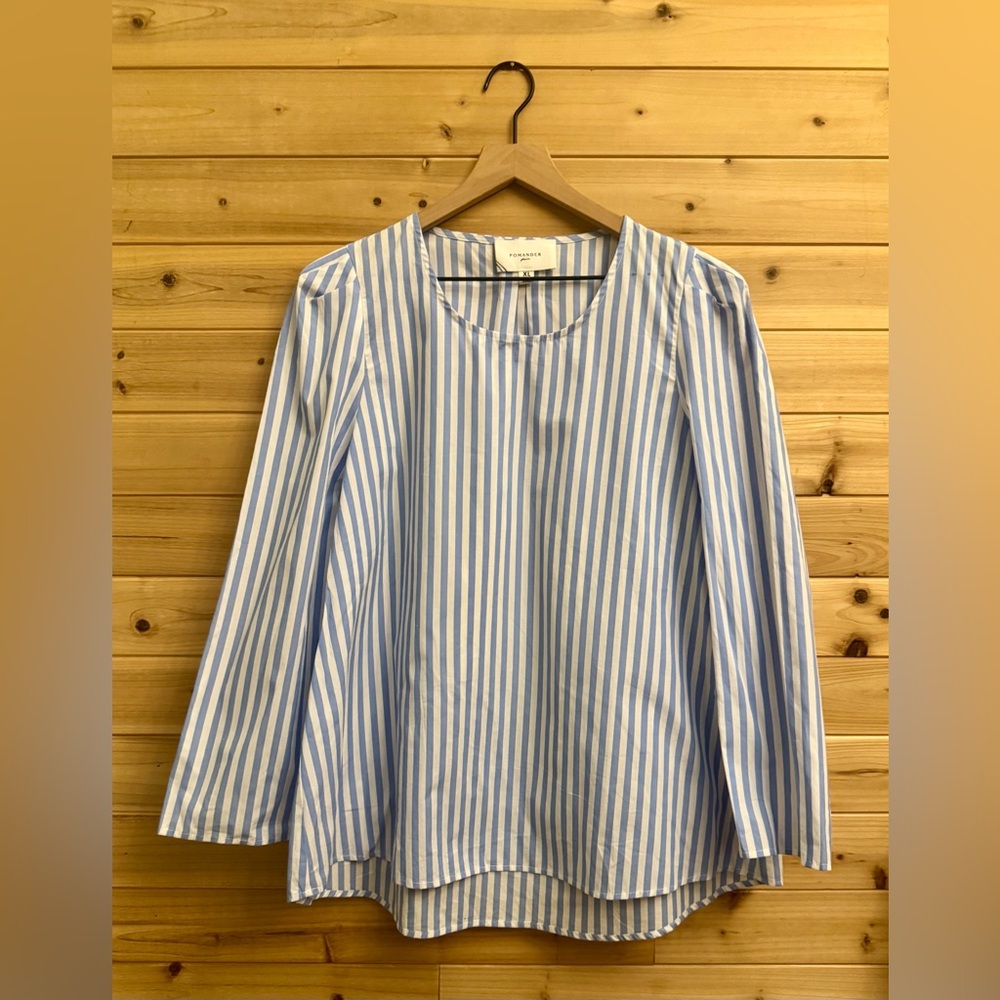 Pomander Place Tuckernuck XL Vertical Stripe Bedford Blouse Puff Sleeve Nautical - Picture 1 of 12